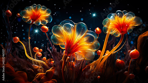Big flower like objects under a midnight sky, orange and red