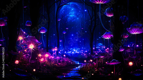 Glowing flowers in a midnight environment, purple and blue