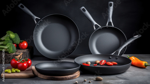 close up view of nice cookware set on grey color back