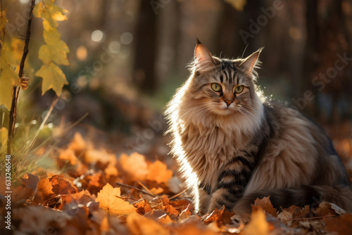 Main Coon cat sitting in forest with orange autumn leaves