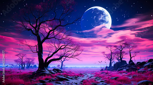 Fantasy landscape with barren trees and a purple sky