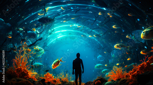 Underwater scene with big fish and a silouette of a person in the middle