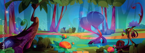 Magical fantasy forest with bright glowing fancy plants and shapes in cartoon vector illustration. Dreamlike world with lake, trees and flowers. Fantastic landscape for games or fairy tales.