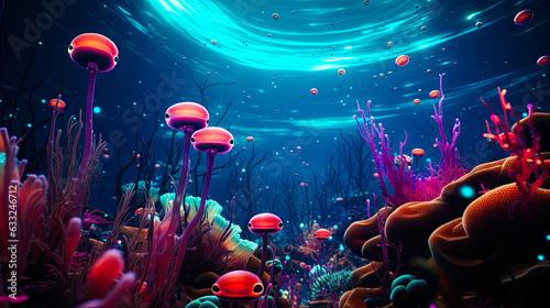 Underwater scene with light rays, coral reef with colorful plants
