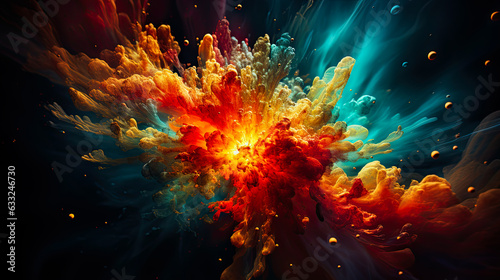 Abstact motion explosion of colors and liquid and dust, orange and blue
