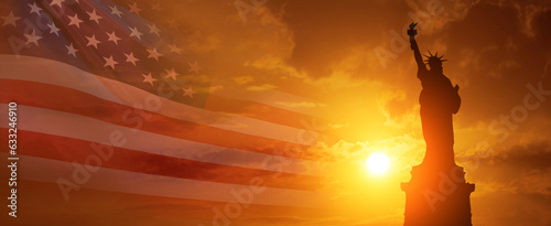 Statue of Liberty silhouette and USA flag on sunset background. American holiday concept. 3d illustration © arsenypopel