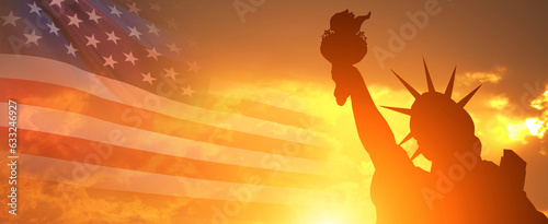 Statue of Liberty silhouette and USA flag on sunset background. American holiday concept. 3d illustration