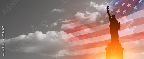 Statue of Liberty silhouette and USA flag on sunset background. American holiday concept. 3d illustration © arsenypopel