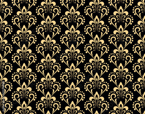 Wallpaper in the style of Baroque. Seamless vector background. Gold and black floral ornament. Graphic pattern for fabric, wallpaper, packaging. Ornate Damask flower ornament