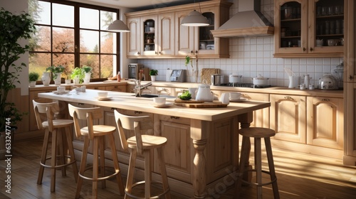 Wooden kitchen with dining table and sunny glass window morning view. Generative Ai