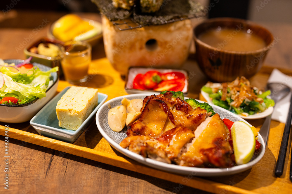 Japanese chicken rice set in restaurant Japanese chicken rice set in restaurant