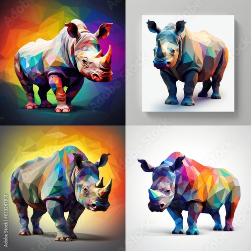 Colourfull rhinoceros is depicted in a low poly style. grey backorund. Generative ai photo