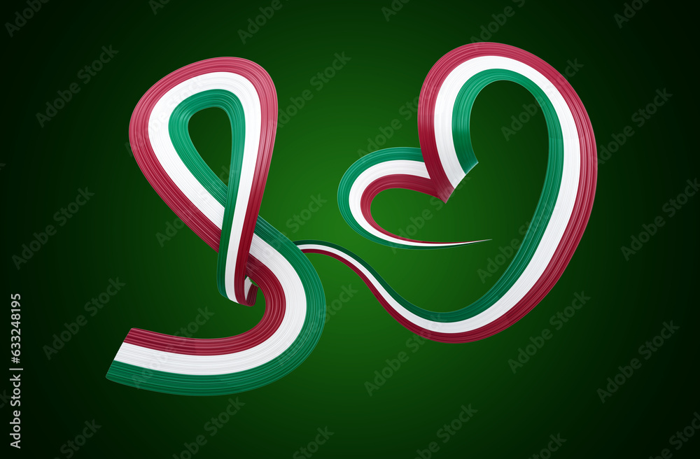 Obraz premium 3d Flag Of Italy Heart Shaped Wavy Awareness Ribbon flag On Green Background, 3d illustration