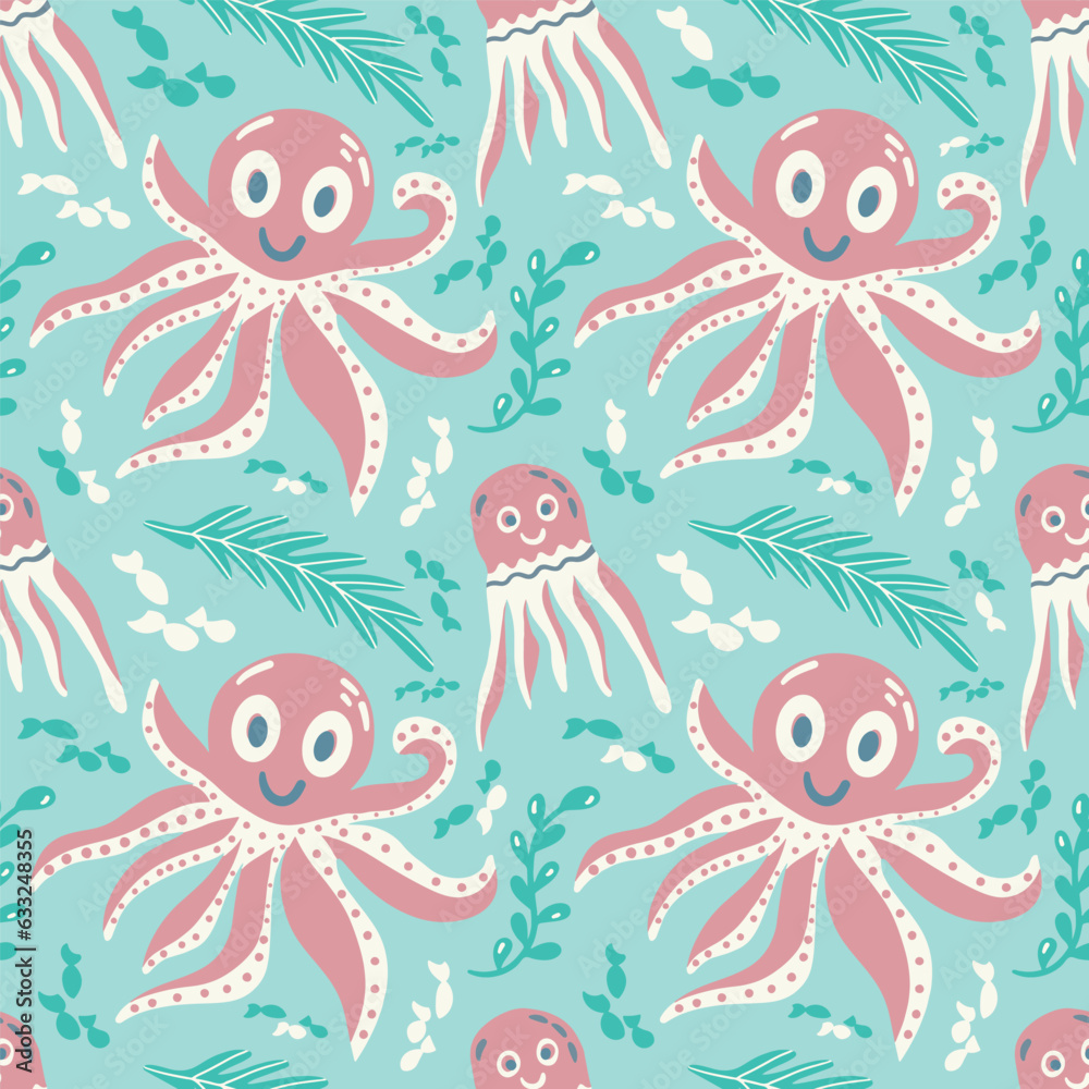Obraz premium Cute octopus, jellyfish and fish. Underwater ocean world in pink and green. Kids Seamless vector pattern in flat style. Sea life print for fabric, wallpaper for a nursery or children's textile