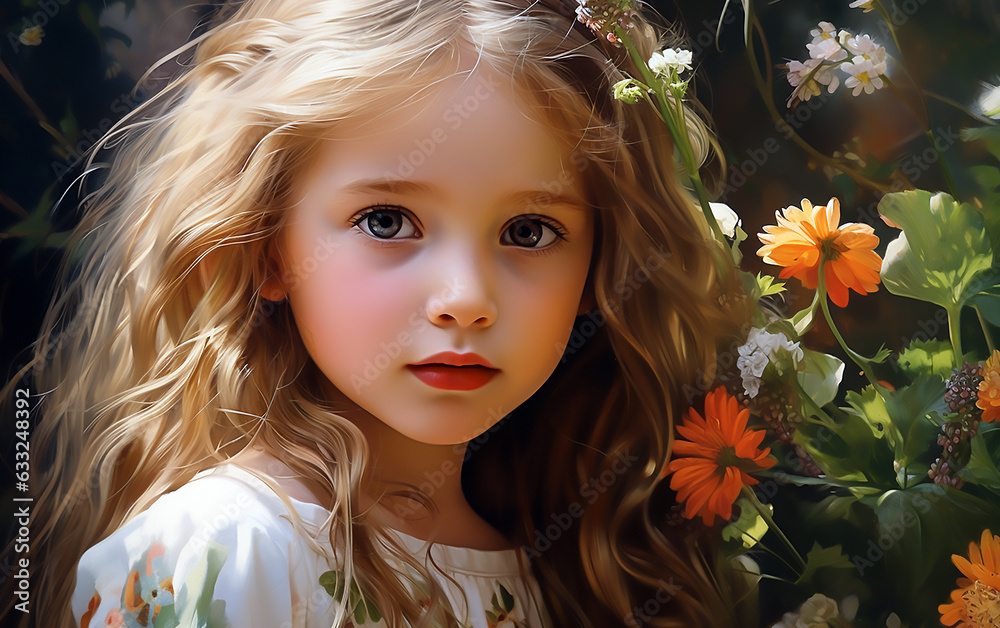 Portrait of a little girl with flowers.