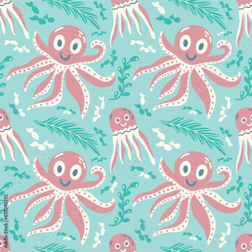 Cute octopus, jellyfish and fish. Underwater ocean world in pink and green. Kids Seamless vector pattern in flat style. Sea life print for fabric, wallpaper for a nursery or children's textile