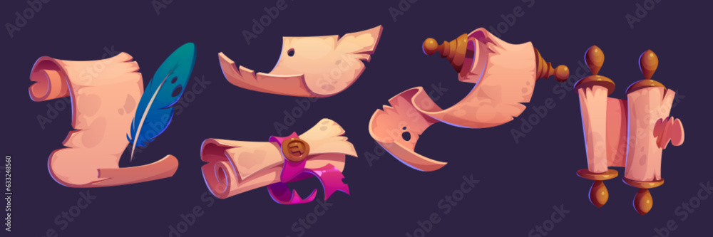 Cartoon set of ancient parchment scrolls isolated on background. Vector illustration of old treasure map, letter on papyrus roll, medieval law document, royal decree, paper with feather, silk ribbon Cartoon set of ancient parchment scrolls isolated on background. Vector illustration of old treasure map, letter on papyrus roll, medieval law document, royal decree, paper with feather, silk ribbon