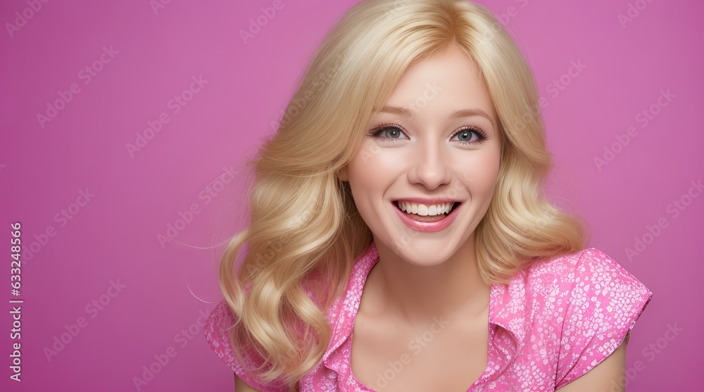 portrait of a woman model smiling pink background 