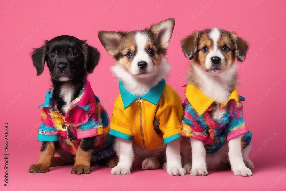 group of puppies with clothes on pink background