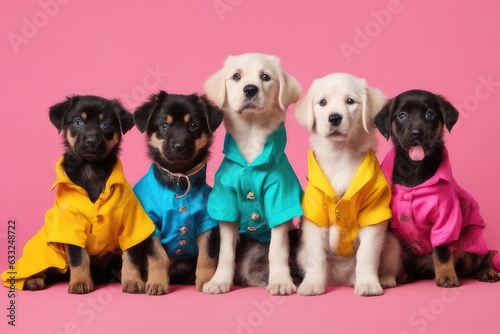 group of puppies with clothes on pink background