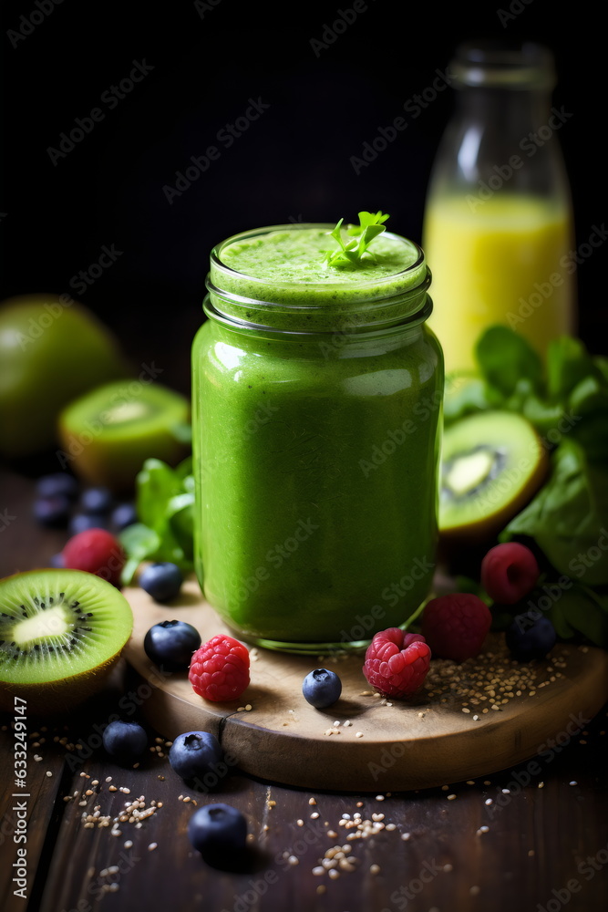 organic green smoothie in jar with berries and kiwifruit on dark wooden background organic green smoothie in jar with berries and kiwifruit on dark wooden background