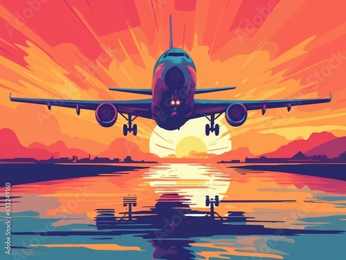 Airplane flies during sunset vector illustration generative ai