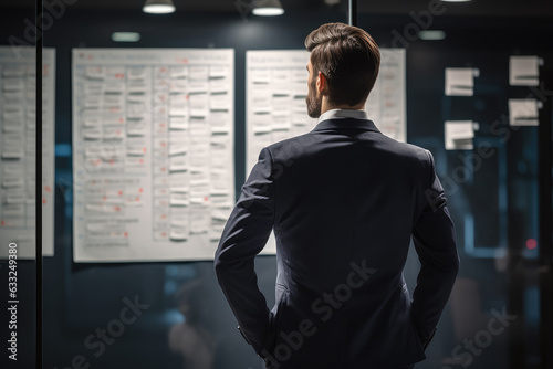 Strategizing Success: Businessman Pondering the Perfect Plan at the Whiteboard