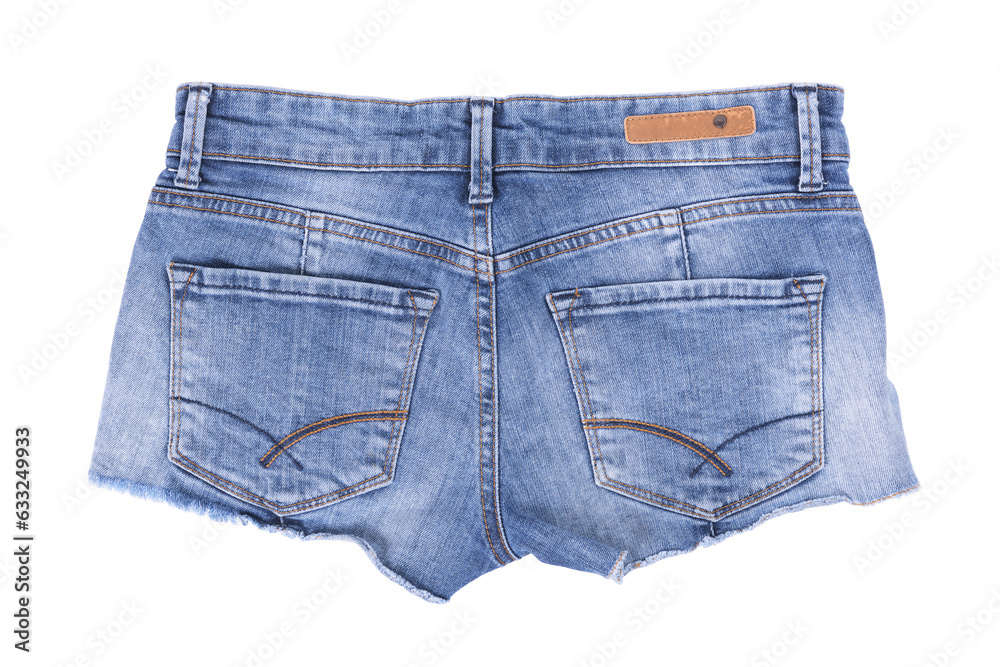 Blue denim shorts on a white background.Women's shorts. Blue denim shorts on a white background.Women's shorts.