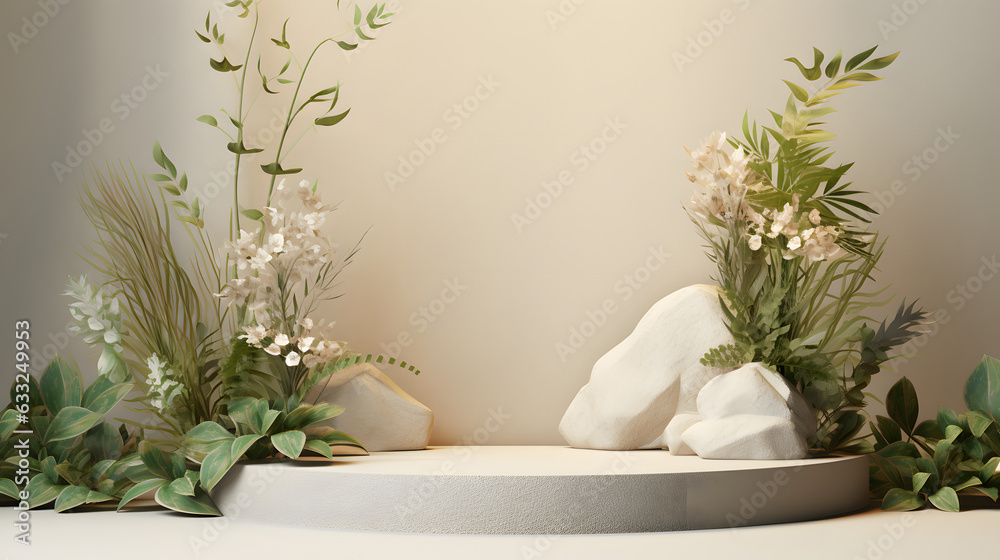 Premium podium made of paper on pastel background with plant branches Premium podium made of paper on pastel background with plant branches