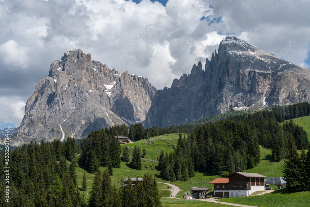 Alpenlandschaft, Panorama, aufgenommen von der  von der Seiser Alm, zum Bergmassiv Langkofel & Plattkofel