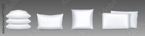 3d white realistic isolated bed cushion vector mockup. Square sofa pillow side and pile view mock up template. Blank rectangular soft and fluffy cotton sleep product for bedroom design advertising