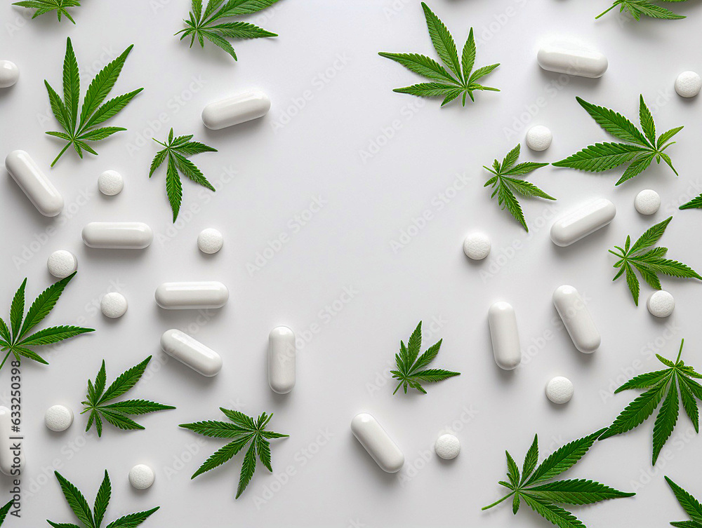 Close up of medical products with cannabinoid capsules with marihuana leaves on it. Painkillers for treatment. - obrazy, fototapety, plakaty 