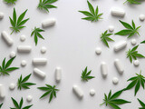 Close up of medical products with cannabinoid capsules with marihuana leaves on it. Painkillers for treatment.