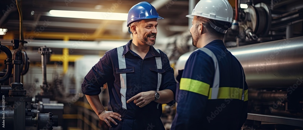 Fototapeta premium Two happy intelligent engineers discuss production details in factory