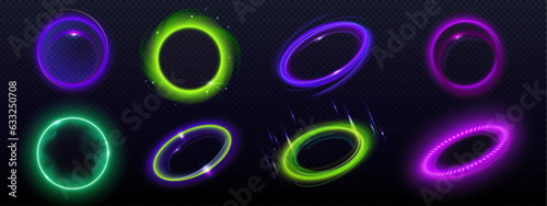 3d neon electric light and flare halo ring vector effect. Abstract speed frame with edm energy glow on black background. Purple, green and blue radial orb vortex shape. Beautiful fiber motion tunnel