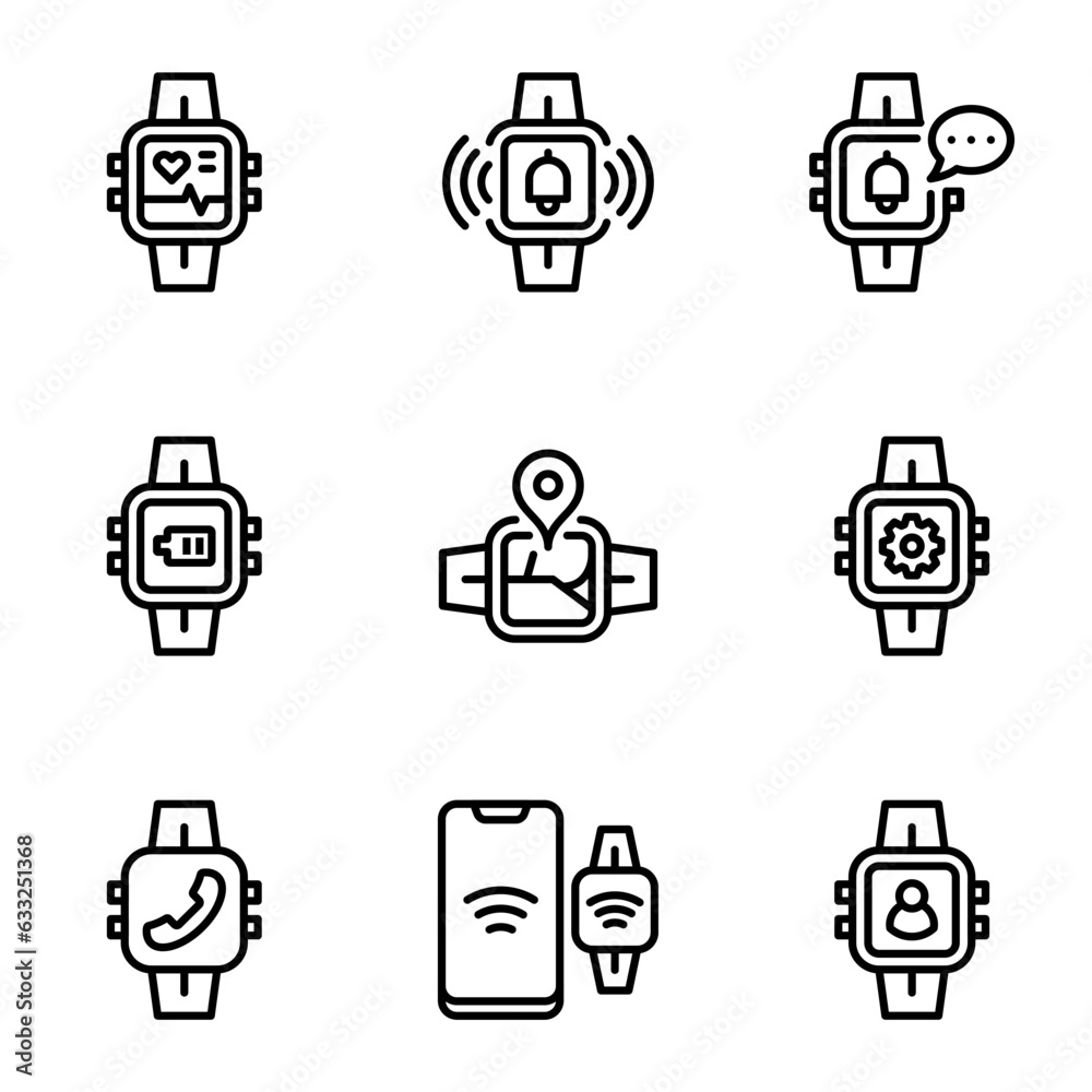 smart watch line icons set. mobility, heartbeat, touch, tech, watch, innovation, interface, stroke, chat, gadget, wireless, call, application, smart, outline, electronic, screen, display, location smart watch line icons set. mobility, heartbeat, touch, tech, watch, innovation, interface, stroke, chat, gadget, wireless, call, application, smart, outline, electronic, screen, display, location