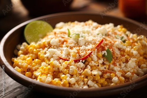 Cereal with corn and cheese in a bowl on wooden background