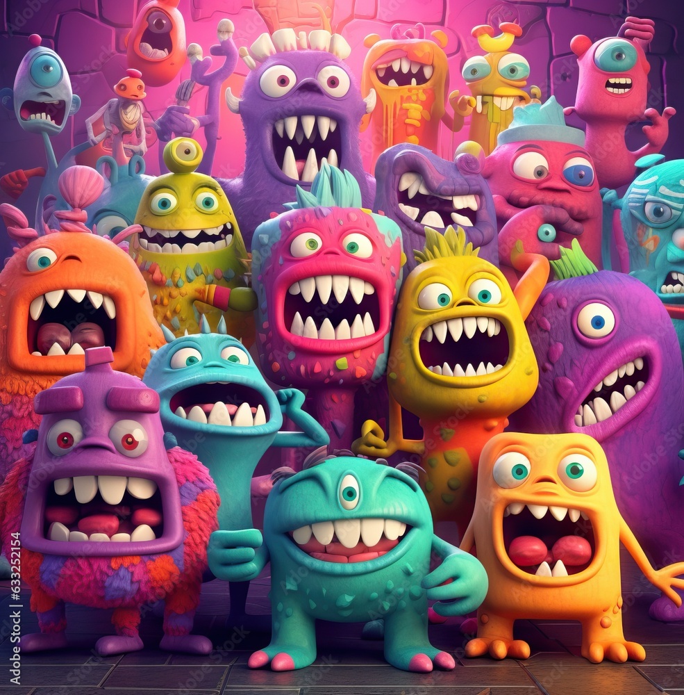 Funny monsters group. Colorful cartoon characters.
