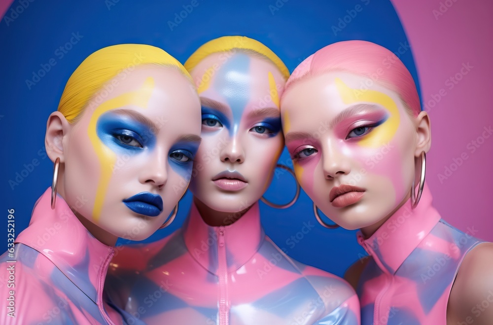 futuristic three fashion models with color hair futuristic three fashion models with color hair