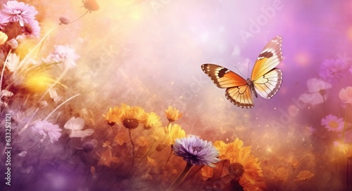 Beautiful butterfly on flower background with bokeh effect. Nature composition.