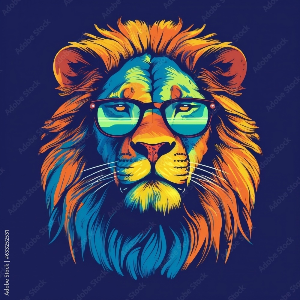 Flat illustration of one retro aggressive lion wearing a sunglasses generative ai