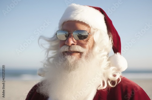 Portrait of Santa Claus with sunglasses on the beach at Christmas time