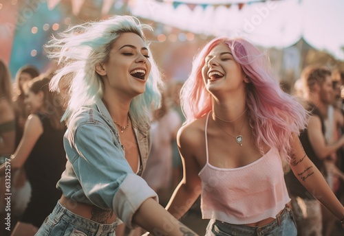 Portrait of happy young women dancing on the beach at summertime