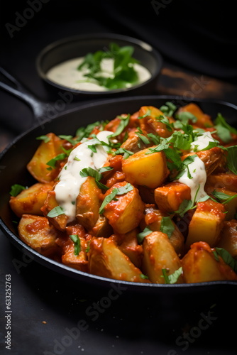 potatas bravas roast potatoes in black iron skillet with white sauce, editorial photo on wooden board