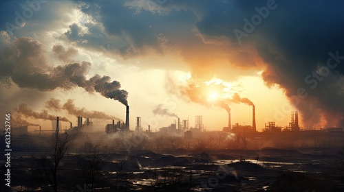 Factory pipes pollute the atmosphere. Pollution of industrial enterprises, exhaust gases of chimneys. Industrial area, thick clouds of smoke. Climate change, ecology