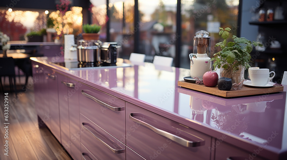 View of modern kitchen with purple elements View of modern kitchen with purple elements