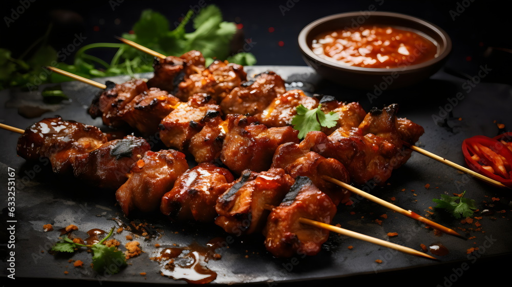 marinated chicken kebabs on skewers with dipping sauce and coriander herbs, editorial photo on black background