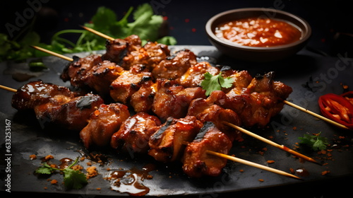 marinated chicken kebabs on skewers with dipping sauce and coriander herbs, editorial photo on black background photo