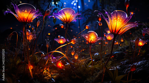 Light emissive fantasy flowers with orange and purple and blue