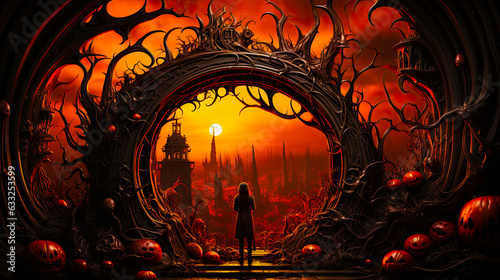 Tree shaped arch passage to another dimension with a person standing beneath